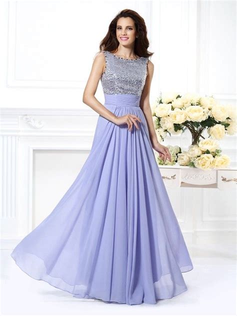 A Line Princess Bateau Lace Sleeveless Paillette Long Chiffon Dresses