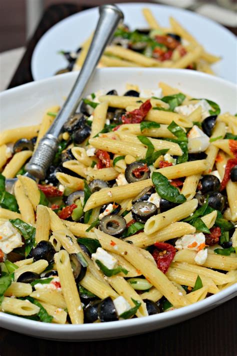 Penne With Black Olives Sun Dried Tomatoes Feta And Spinach West Of