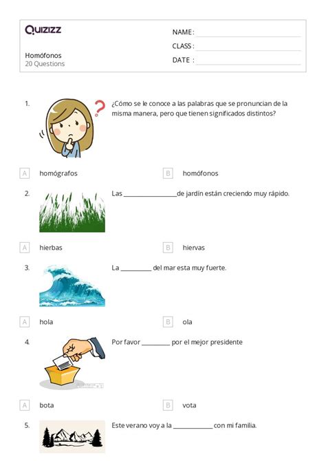 50 homófonos y homógrafos hojas de trabajo en Quizizz Gratis e
