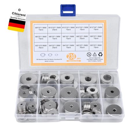 230Pcs Flach Unterlegscheiben Set 304 Edelstahl Beilagscheiben