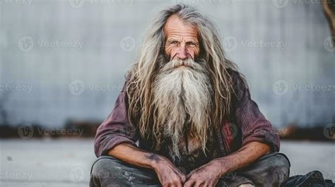 AI generated A homeless man with long hair and a beard is sitting on ...