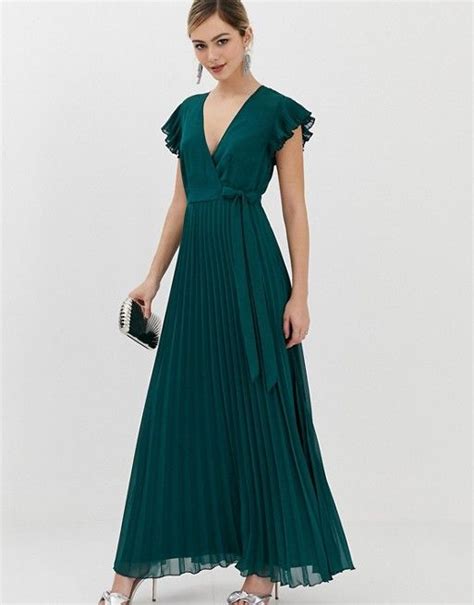 Asos Design Pleated Maxi Dress With Flutter Sleeve Asos Maxi Dress