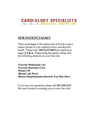 Fillable Online New Patient Packet Cardiology Specialists Medical