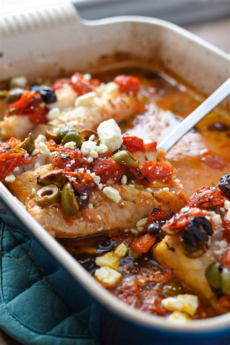 Mediterranean Cod Recipe With Roasted Cherry Tomatoes Olives And Feta