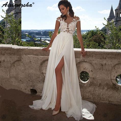 Vintage Chiffon Beach Wedding Dress Summer White Cap Sleeves V