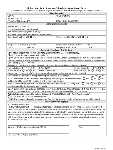 Fillable Online Usa Subrecipient Commitment Form Fax Email Print