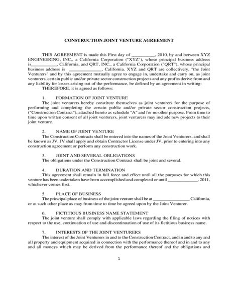 Joint Venture Agreement Template Fillable Printable Pdf Forms