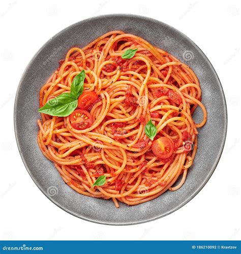 Tomato Spaghetti In Gray Bowl Isolated On White Background Tomato