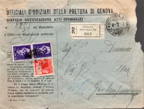 STORIA POSTALE RACCOMANDATA ATTI GIUDIZIARI 1946 Coppia 10 Lire