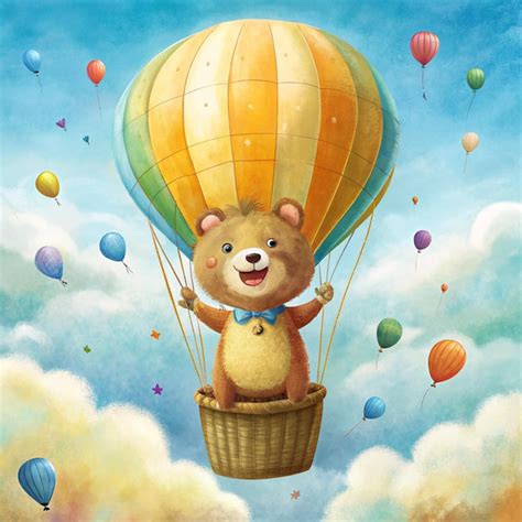 Premium Photo Cheerful Bear In A Hot Air Balloon
