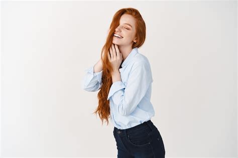 Free Photo Beautiful Woman With Long Red Hair Smiling Close Eyes