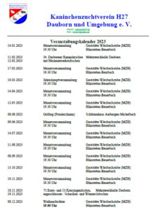 Veranstaltungskalender 2023 Kaninchenzuchtverein H27 Dauborn U U E V