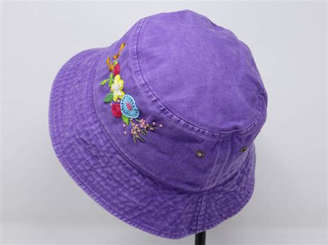 Washed Cotton Bucket Hat Hand Embroidered Flower Cap Short Etsy