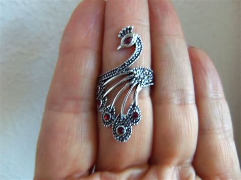 Sterling Silver 925 Peacock Ring Red Stone Peacock Jewelry Etsy