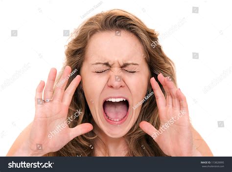 Screaming Woman Isolated On White Background Closeup Stock Photo