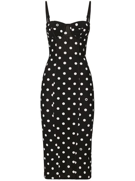 Dolce Gabbana Polka Dot Corset Midi Dress Black FARFETCH