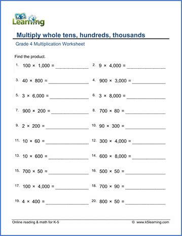 Grade 4 Math Worksheets: Multiply whole tens, hundreds, thousands | K5 Learning