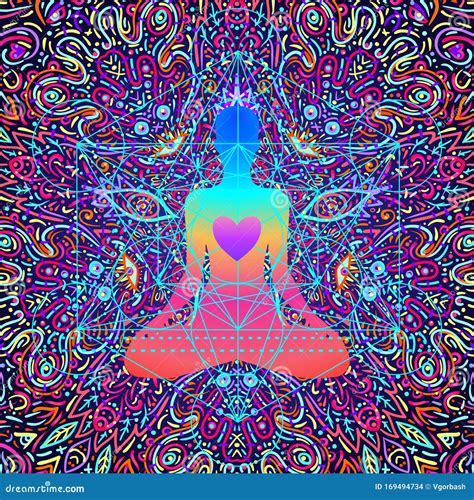 Buddha Over Colorful Neon Background Vector Illustration Psychedelic