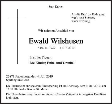 Traueranzeigen Von Ewald Wilshusen Noz Trauerportal