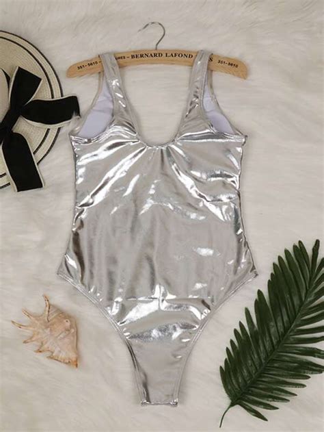 New Arrival Women S Swimsuit With Metallic Fabric Reflection Silver One Piece Sexy Bikini