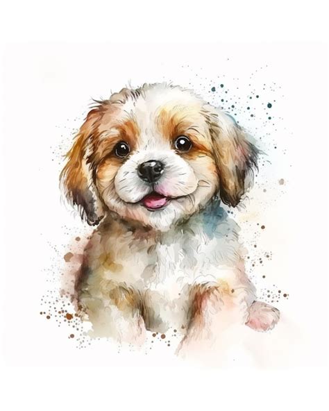 Desenho em aquarela de um cachorro fofo uma língua rosa Foto Premium