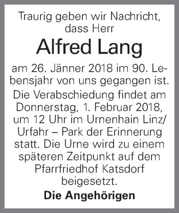 Traueranzeigen Von Alfred Lang Wirtrauern At