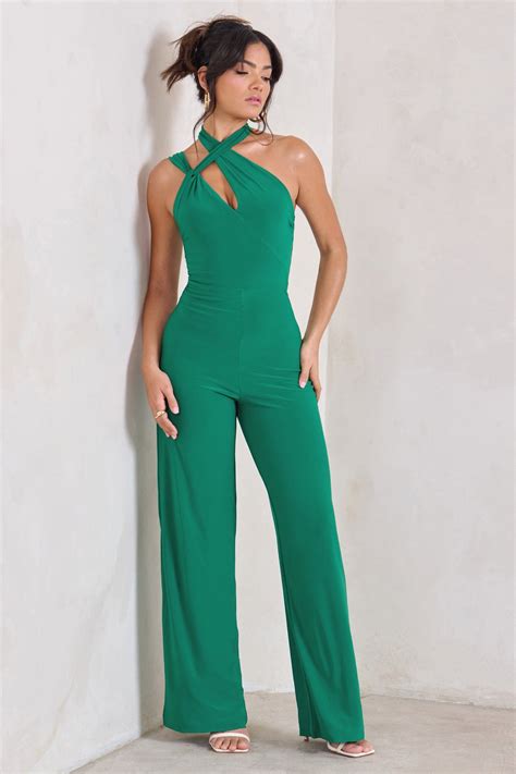 Tilly Green Cut Out Halterneck Asymmetrical Jumpsuit Club L London Aus