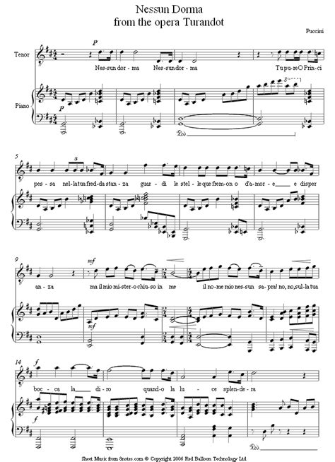 Puccini Nessun Dorma From Turandot Sheet Music For Voice