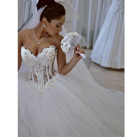 Luxurious Sexy Strapless Wedding Dresses Corset Bodice Sheer Bridal Crystal Pearl Beads Tulle