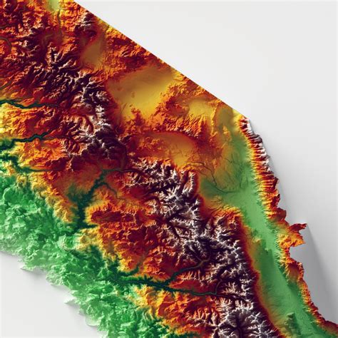 Sierra Nevada Mountains Elevation Map With Relief Effect on Matte Art ...