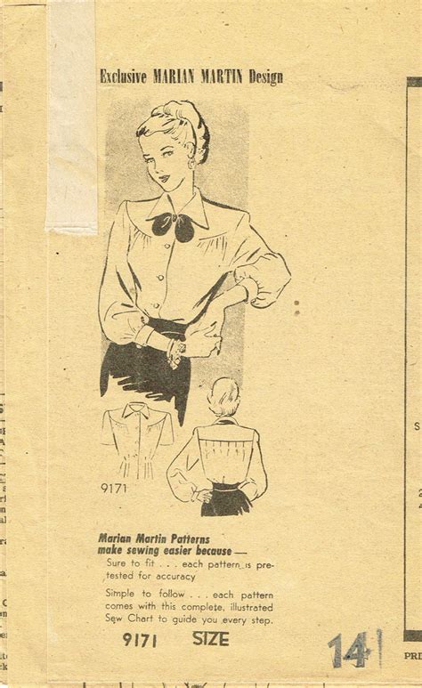 1940s Vintage Marian Martin Sewing Pattern 9171 Misses Wwii Blouse Siz Vintage4me2