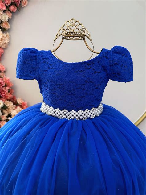 Vestido Infantil Azul Royal C Renda Realeza E P Rolas Damas Rosa