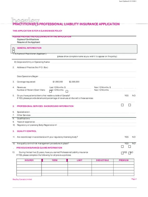 2021 2024 Form Canada Beazley Practitioner’s Professional Liability Insurance Application Fill