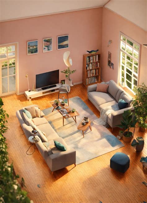 Lexica Bird Eye View Isometric Render Of A Living Room In A House