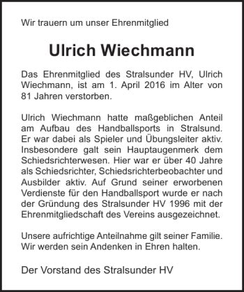 Traueranzeigen Von Ulrich Wiechmann Trauer Anzeigen De