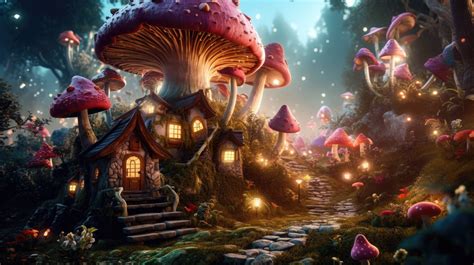 A Cozy Cottage Nestled Amidst Towering Mushrooms In A Whimsical Forest