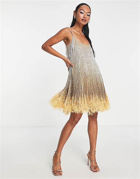 Asos Design Cami Embellished Mini Dress With Beaded Fringe And Fluffy Hem In Ombre Asos