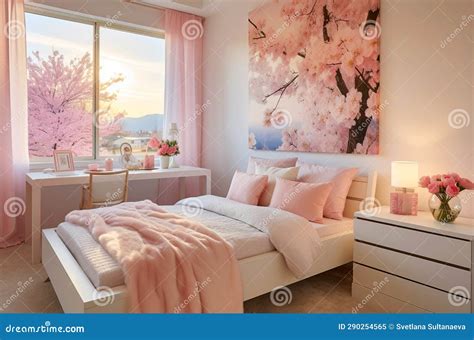 Pink And White Modern Bedroom With Cherry Blossoms Stock Illustration