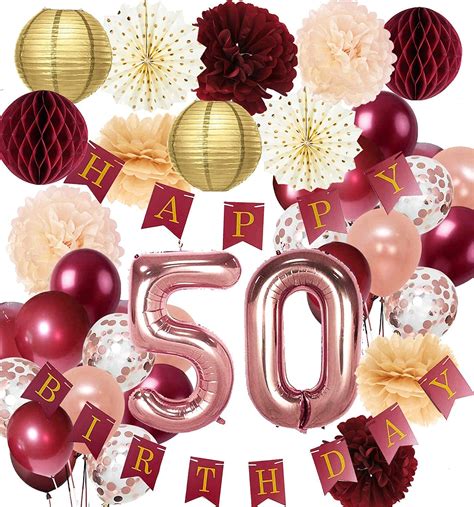 50th Birthday Decorations For Women Burgundy Rose Gold Birthday Party