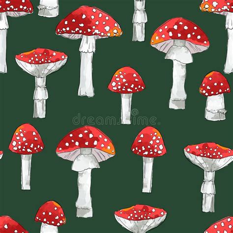 Hand Drawn Seamless Pattern Amanita Mushrooms Vector Illustration Stock