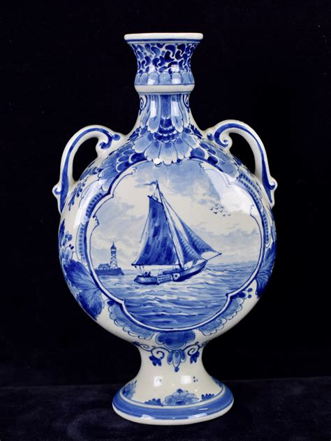 Dutch Blue White Royal Delft Hand Painted Pilgrims Bottle With Sailng