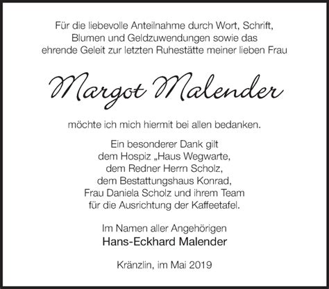 Traueranzeigen von Margot Malender Märkische Onlinezeitung Trauerportal