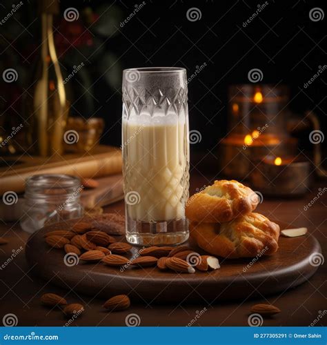 Creamy And Nutty Badam Milk In A Tall Glass With Sweet Pastries On