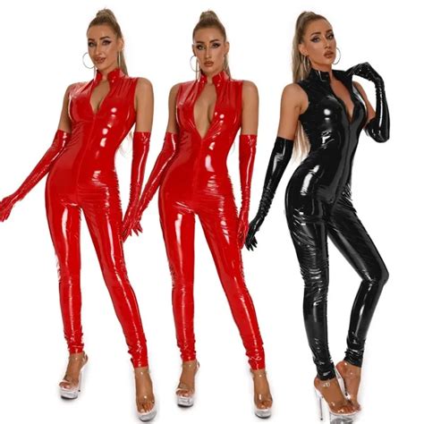 A Hot Women Sexy Crotchless Latex Catsuit Pvc Faux Leather Wetlook