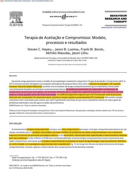 Acceptance And Commitment Therapy Model Processes And Outcomes Enpt Pdf