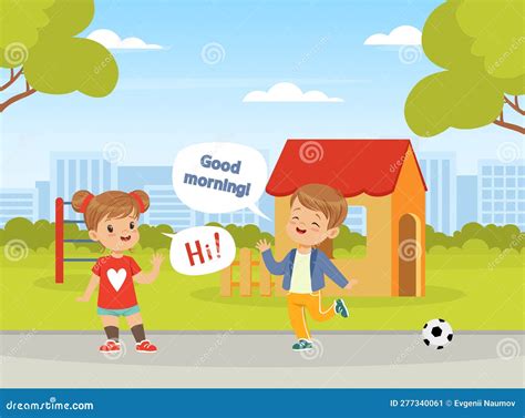 Polite Little Boy And Girl Greeting Each Other Well Mannered Kid Good