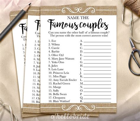 Guess The Famous Couples Bridal Shower Game Name The Famous Etsy