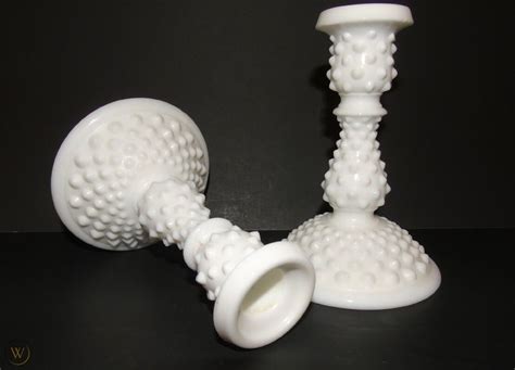 Vintage Fenton Art Glass Milk Glass Hobnail Candlestick Holders Circa 1960 S 1849183385