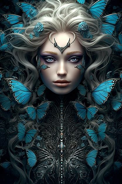 Premium Ai Image A Woman With Blue Butterflies On Her Hair