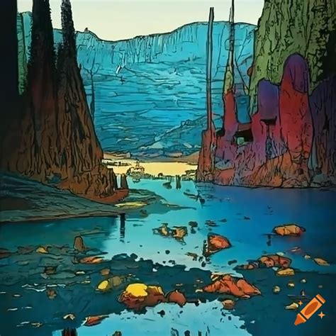 Moebius Style Artwork Of Pliva Lakes On Craiyon